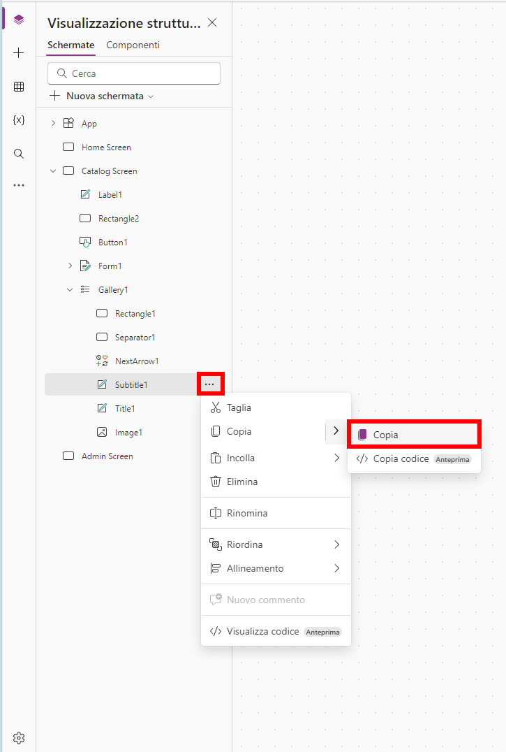 Screenshot della selezione di Copia nel menu per Subtitle1.
