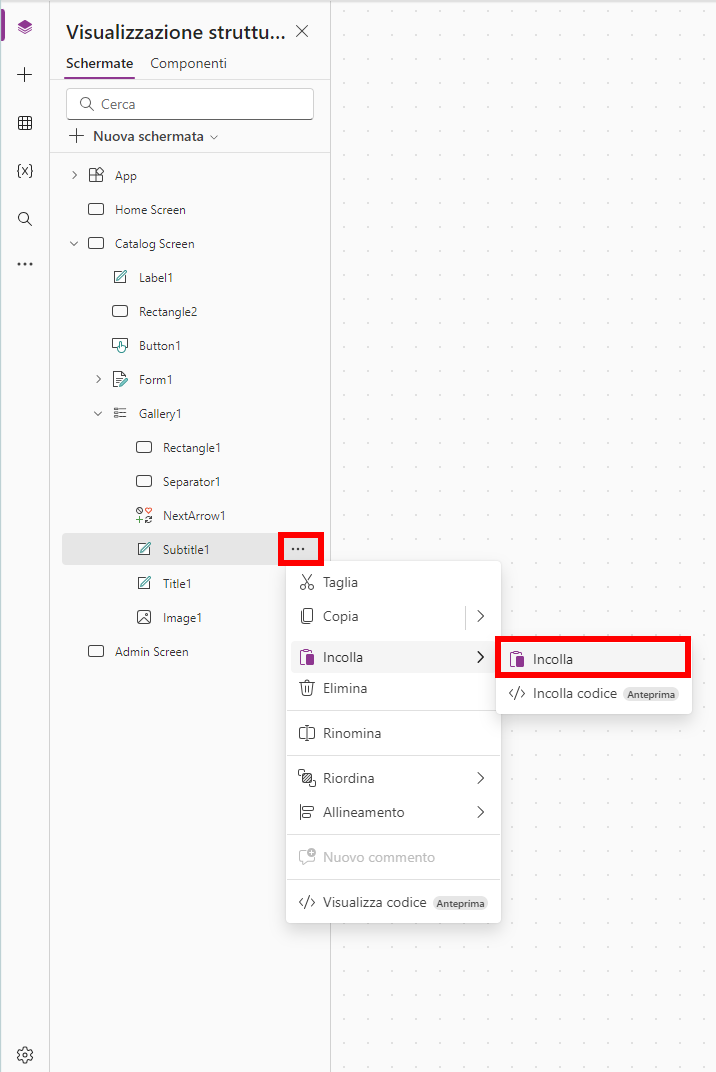 Screenshot della selezione di Incolla nel menu per Subtitle1.