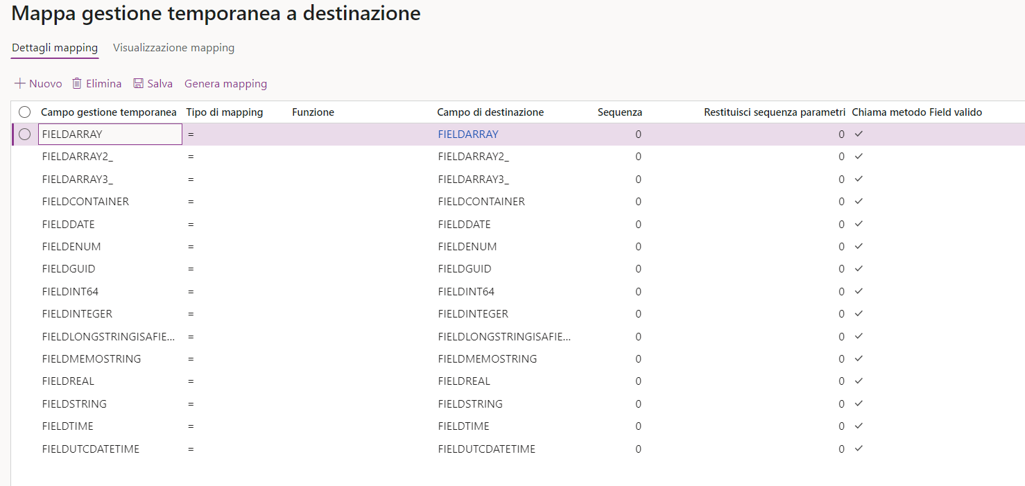 Screenshot della pagina Mappa gestione temporanea a destinazione con la scheda Dettagli mapping.