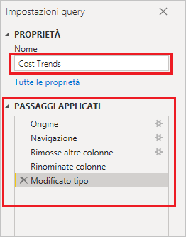 Screenshot della scheda Impostazioni query con il nome impostato su Tendenze costi.