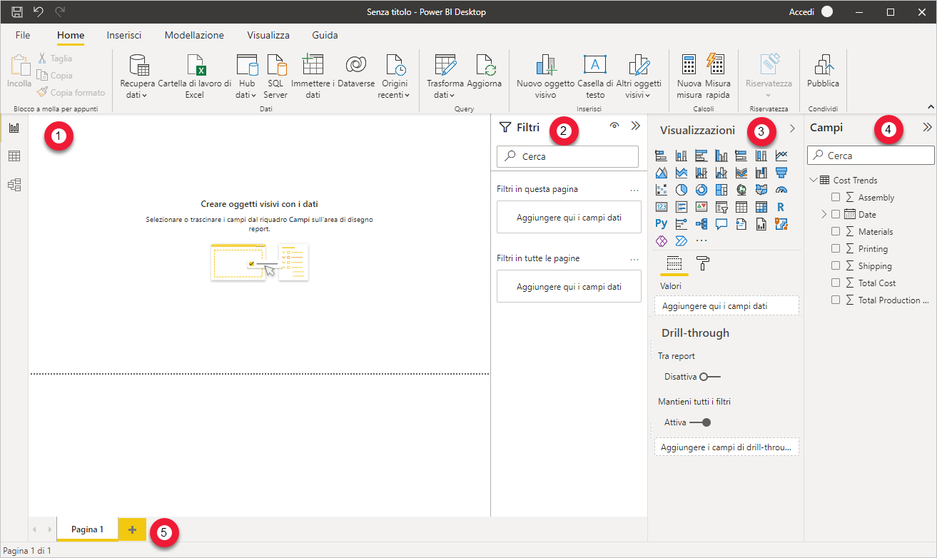 Screenshot di Power BI Desktop con gli elementi numerati nella vista Report.