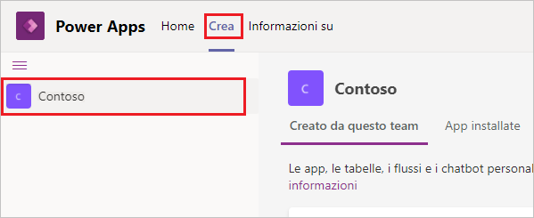 Screenshot della scheda Crea in Power Apps con il team Contoso evidenziato.