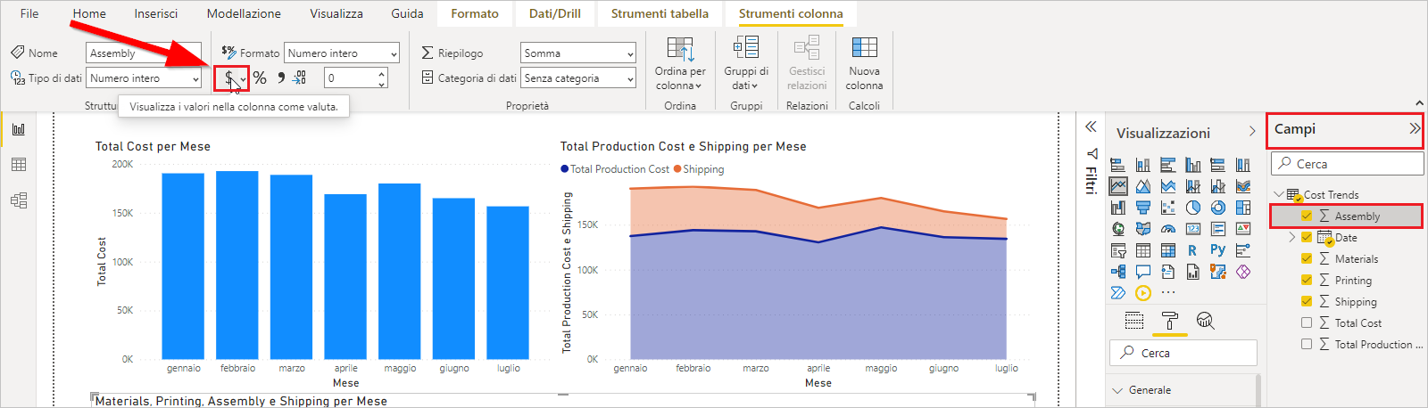 Screenshot della scheda Strumenti colonna in Power BI Desktop con l'icona Valuta evidenziata.