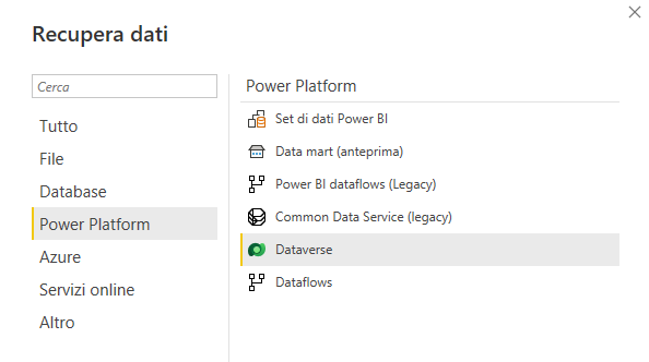 Screenshot della pagina Recupera dati con Microsoft Power Platform selezionato e Dataverse evidenziato.