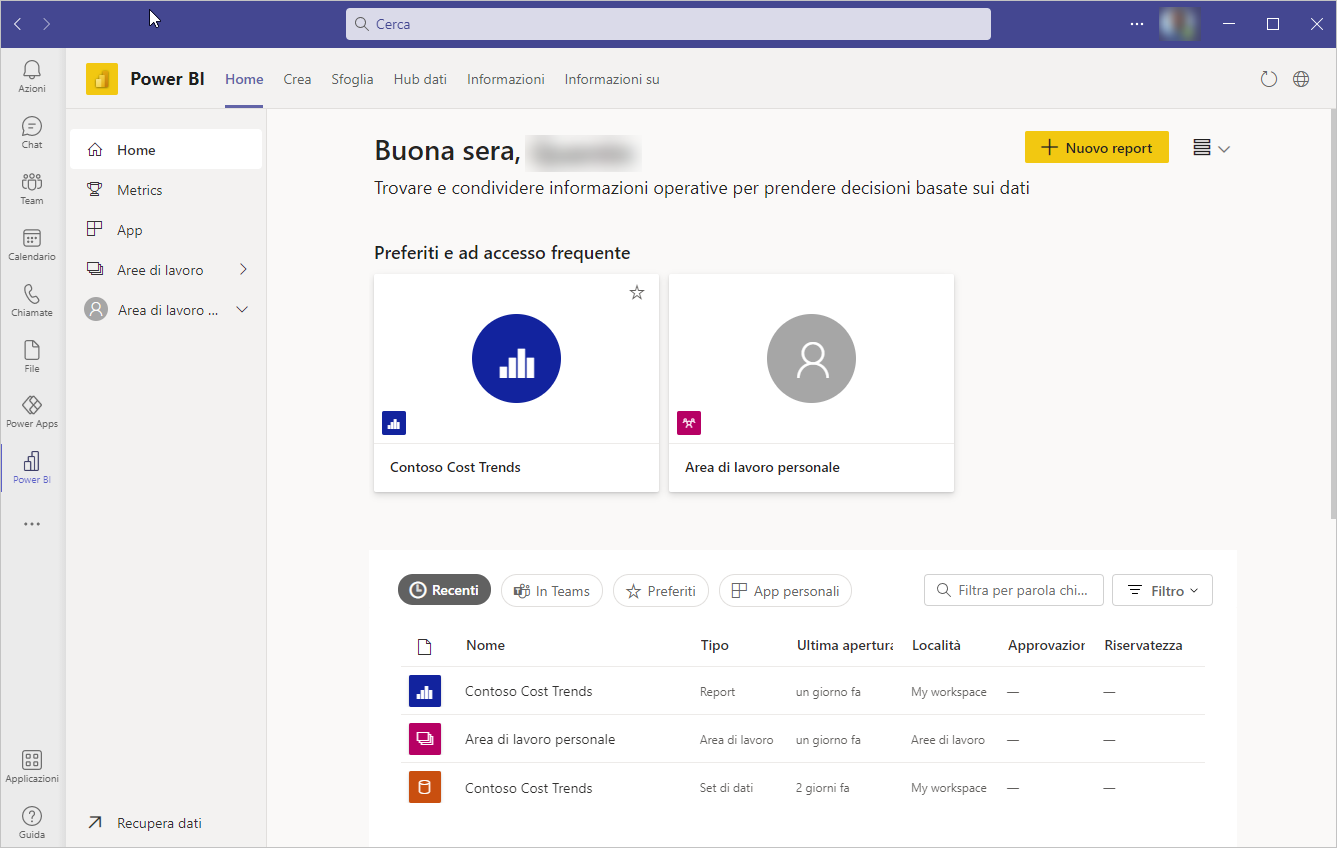 Screenshot della pagina di avvio dell'app Power BI per Teams.
