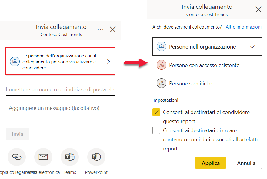 Screenshot della finestra di dialogo Invia collegamento con Persone nell'organizzazione selezionato.
