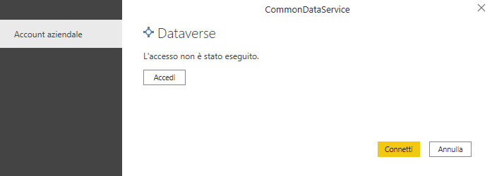 Screenshot della finestra di dialogo di Dataverse con il dominio di ambiente impostato su org0e211cd1.crm.dynamics.com e la modalità di connettività dei dati impostata su Importa.