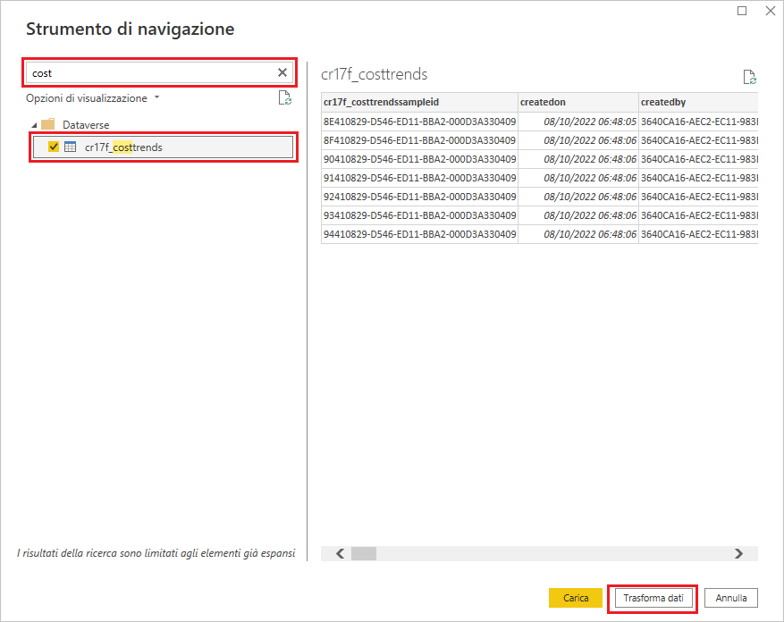 Screenshot della schermata Strumento di navigazione con i risultati di ricerca per