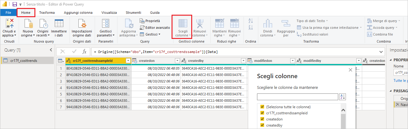 Screenshot della barra multifunzione Home dell'editor di Power Query con l'opzione Scegli colonne selezionata.