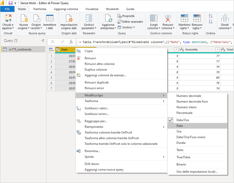 Screenshot dell'editor di Power Query con il menu visualizzato facendo clic con il pulsante destro del mouse sulla colonna Date, l'opzione Modifica tipo selezionata e l'opzione Data evidenziata.