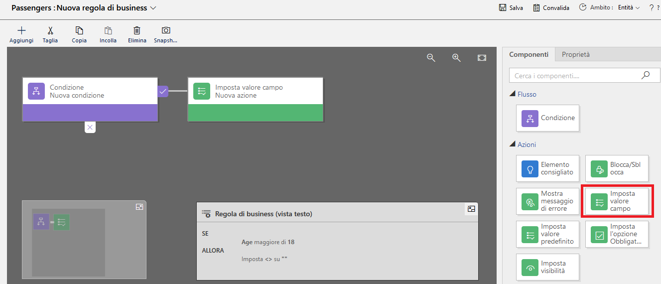 Screenshot della scheda Componenti con l'azione Imposta valore campo.