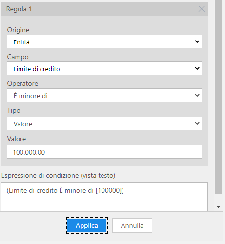 Screenshot della configurazione della regola per la condizione.