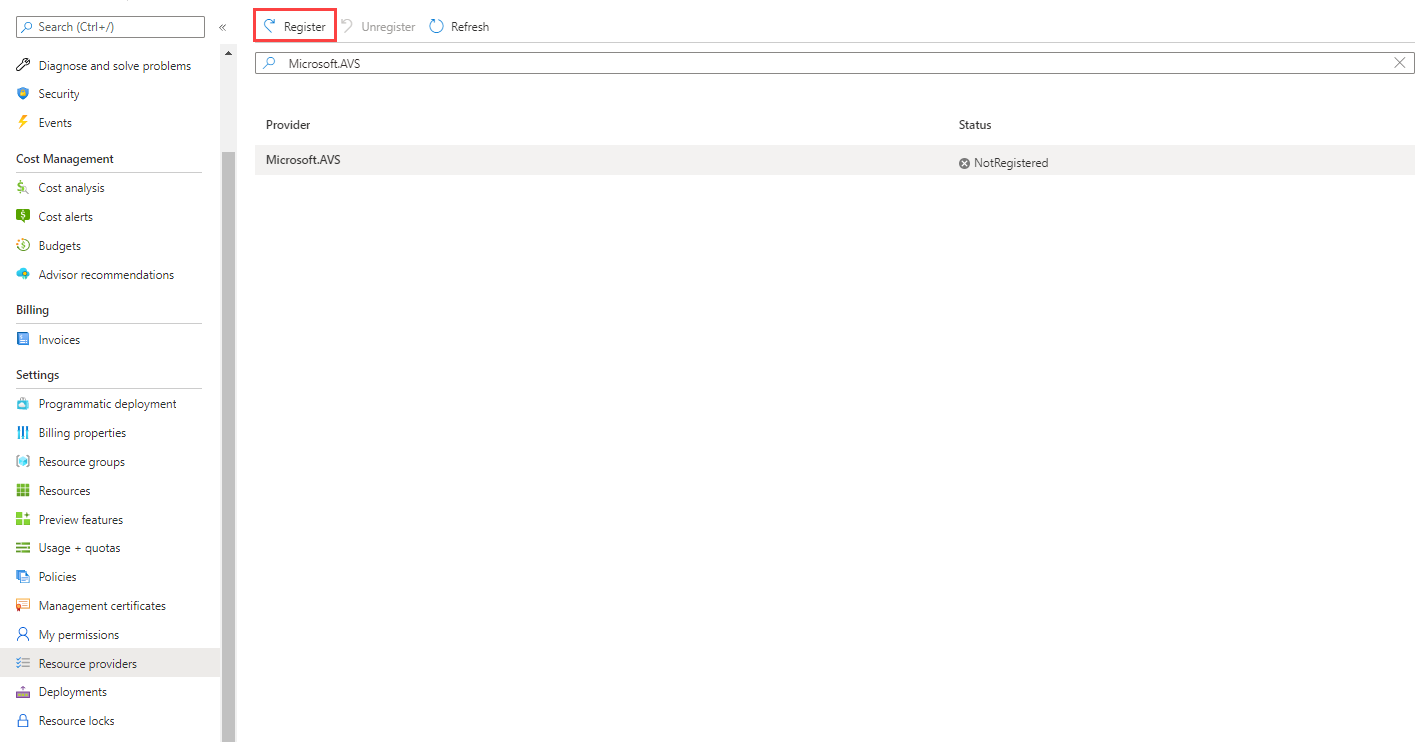 Screenshot that shows the Register button at the top of the Subscription > Resource providers page in the Azure portal.