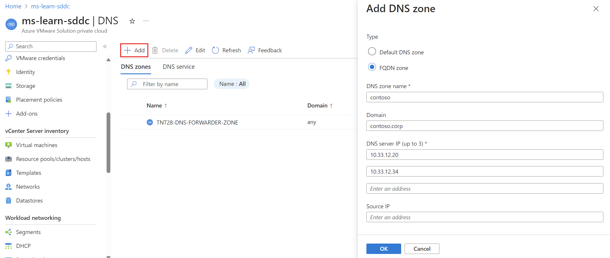 Screenshot della zona FQDN che mostra come aggiungere indirizzi IP del server DNS.
