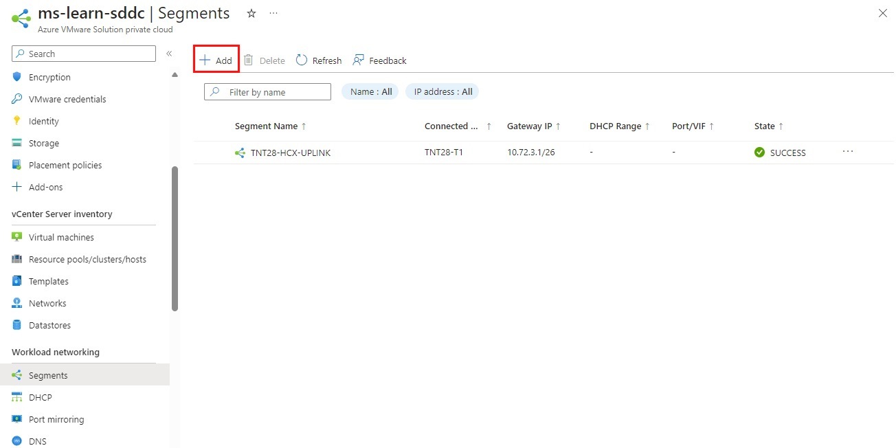 Screenshot del portale di Azure che mostra come aggiungere un segmento di rete di NSX Manager.