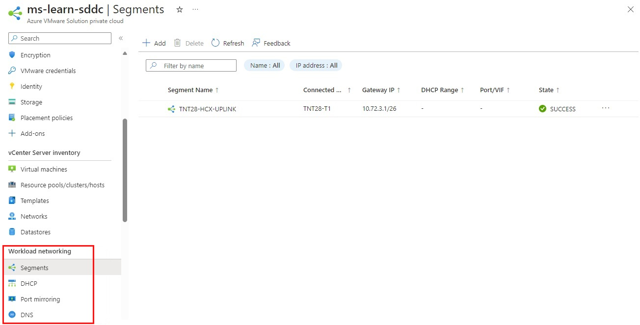 Screenshot del portale di Azure che mostra dove configurare le opzioni di NSX Manager per segmenti, DHCP, mirroring delle porte e DNS.