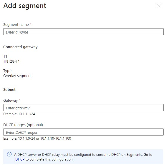 Screenshot del portale di Azure che mostra dove specificare i dettagli del segmento di rete.