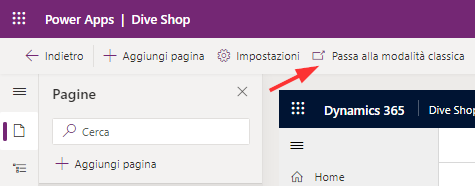 Screenshot di Power Apps con l'opzione Passa alla visualizzazione classica evidenziata.