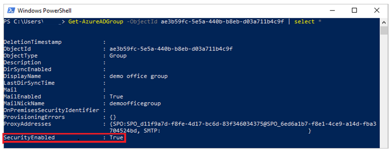 Screenshot di Windows PowerShell, che mostra la proprietà SecurityEnabled impostata su True.