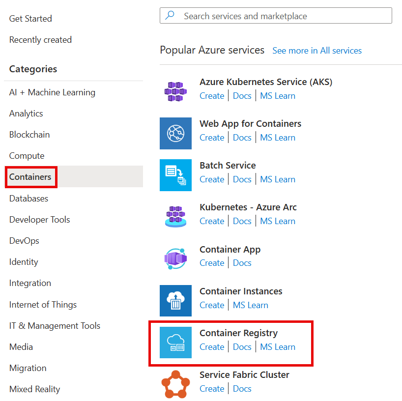 Screenshot che mostra il riquadro Nuovo nel portale di Azure con le opzioni per i contenitori disponibili in Azure Marketplace.