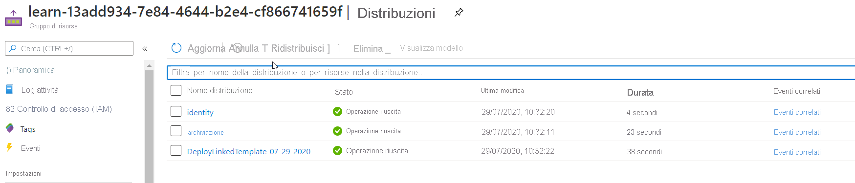 Interfaccia del portale di Azure per la distribuzione specifica senza risorse elencate.