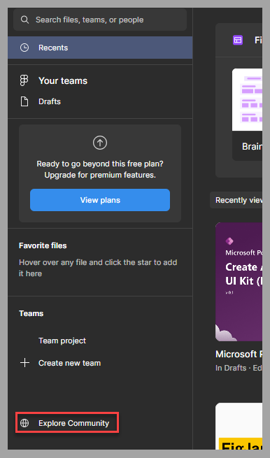 Screenshot del riquadro sinistro nello studio Figma in cui è evidenziata l'opzione Esplora la community.