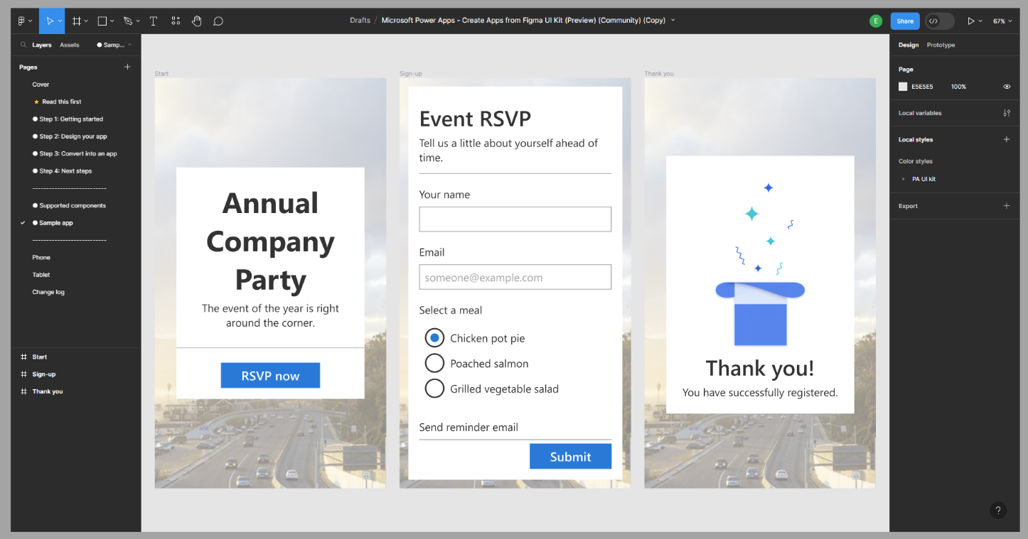 Screenshot della progettazione di un'app in Figma.