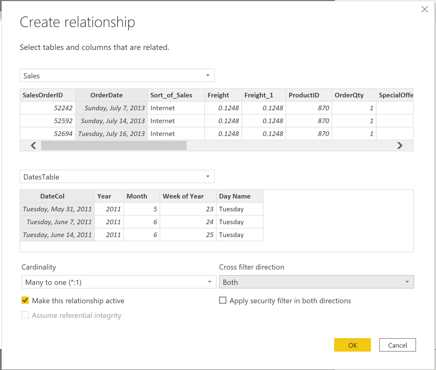 Screenshot della finestra di dialogo Crea relazione.
