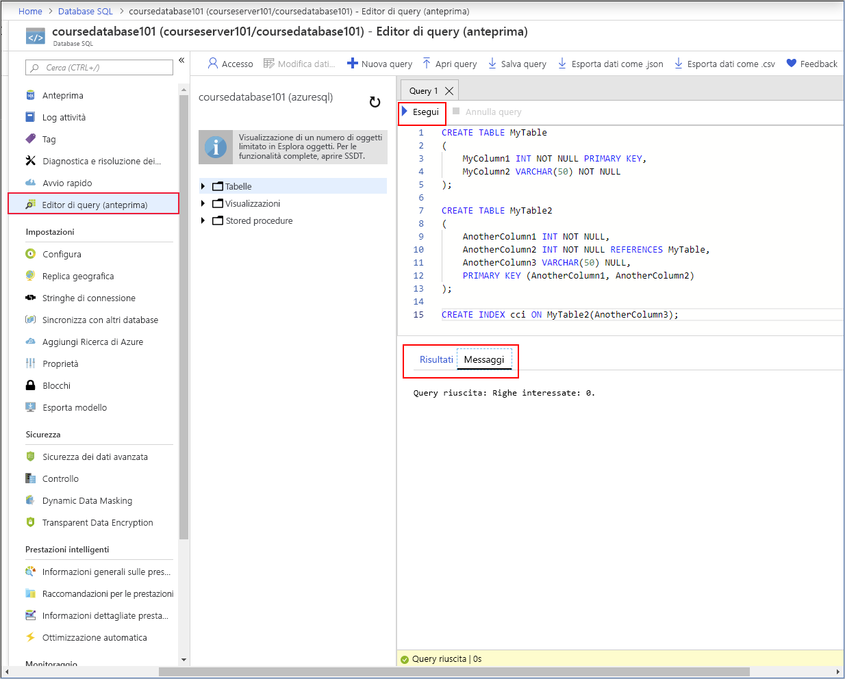 The query editor in the Azure portal with the various panes highlighted.