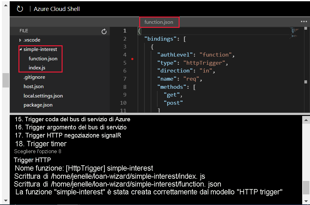Screenshot showing the simple-interest folder with the function.json file open in Cloud Shell code editor.
