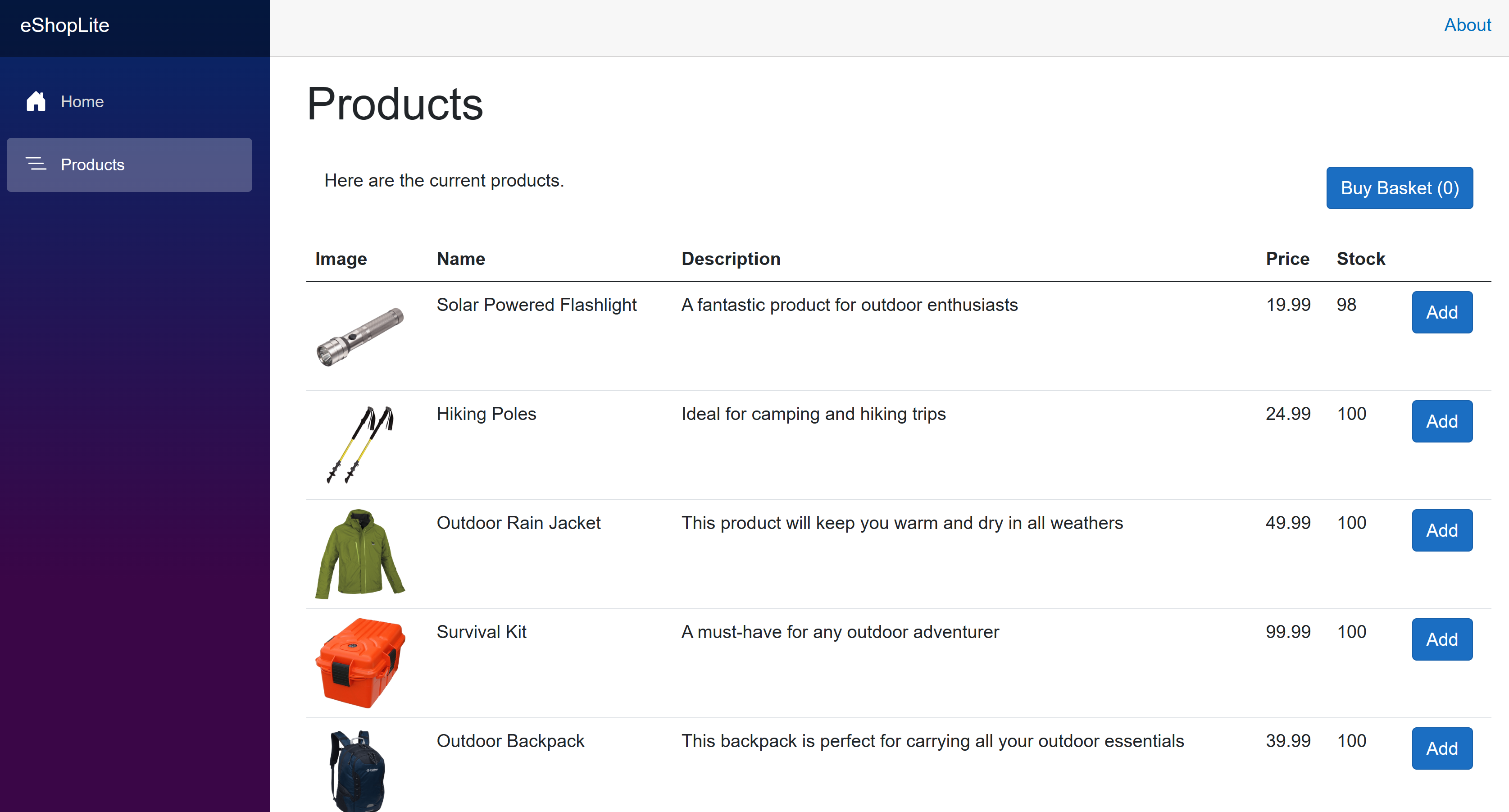 Screenshot dell'app eShopLite in esecuzione.