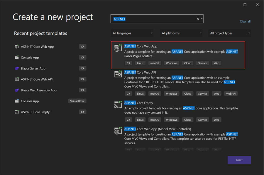 Screenshot della finestra di dialogo Nuovo progetto di Visual Studio.