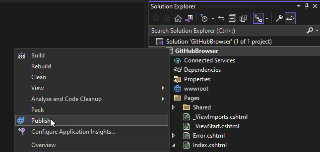 Screenshot dell'opzione di pubblicazione in Visual Studio.