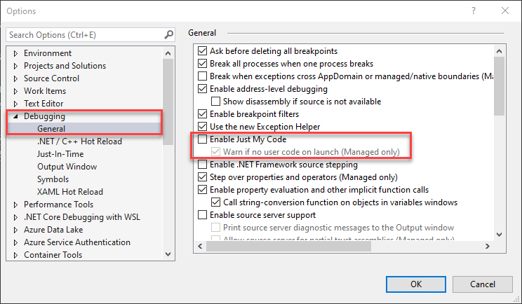 Screenshot delle impostazioni di debug di Visual Studio.