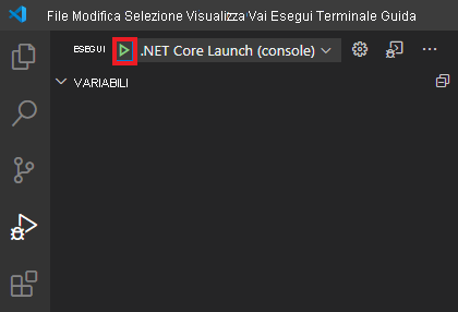 Screenshot del pulsante Avvia il debug in Visual Studio Code.