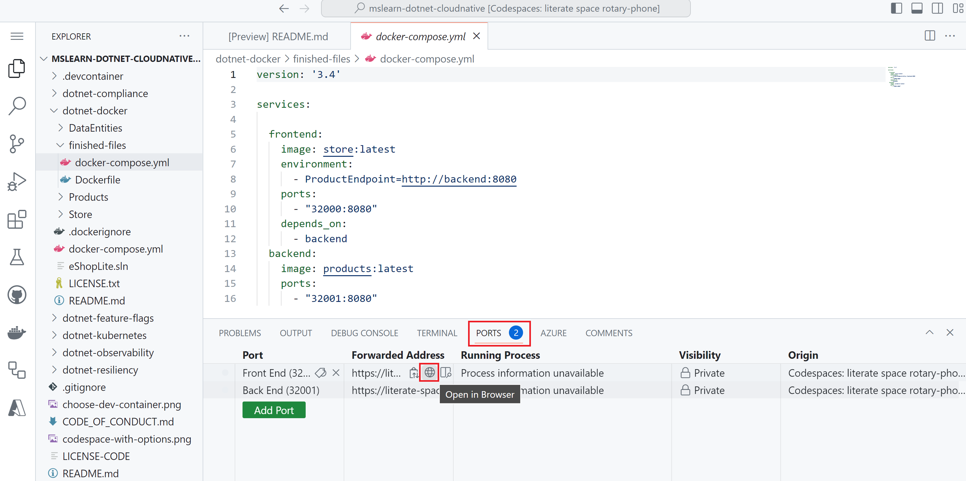 Screenshot della scheda Porte del codespace.