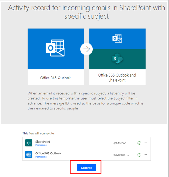 Screenshot del modello Record attività per i messaggi di posta elettronica in arrivo con oggetto specifico in SharePoint.