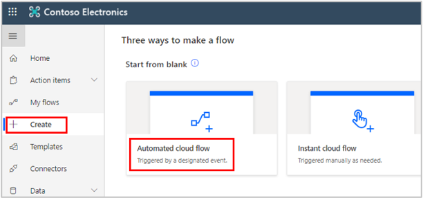 Screenshot della pagina Crea con Flusso cloud automatizzato selezionato.