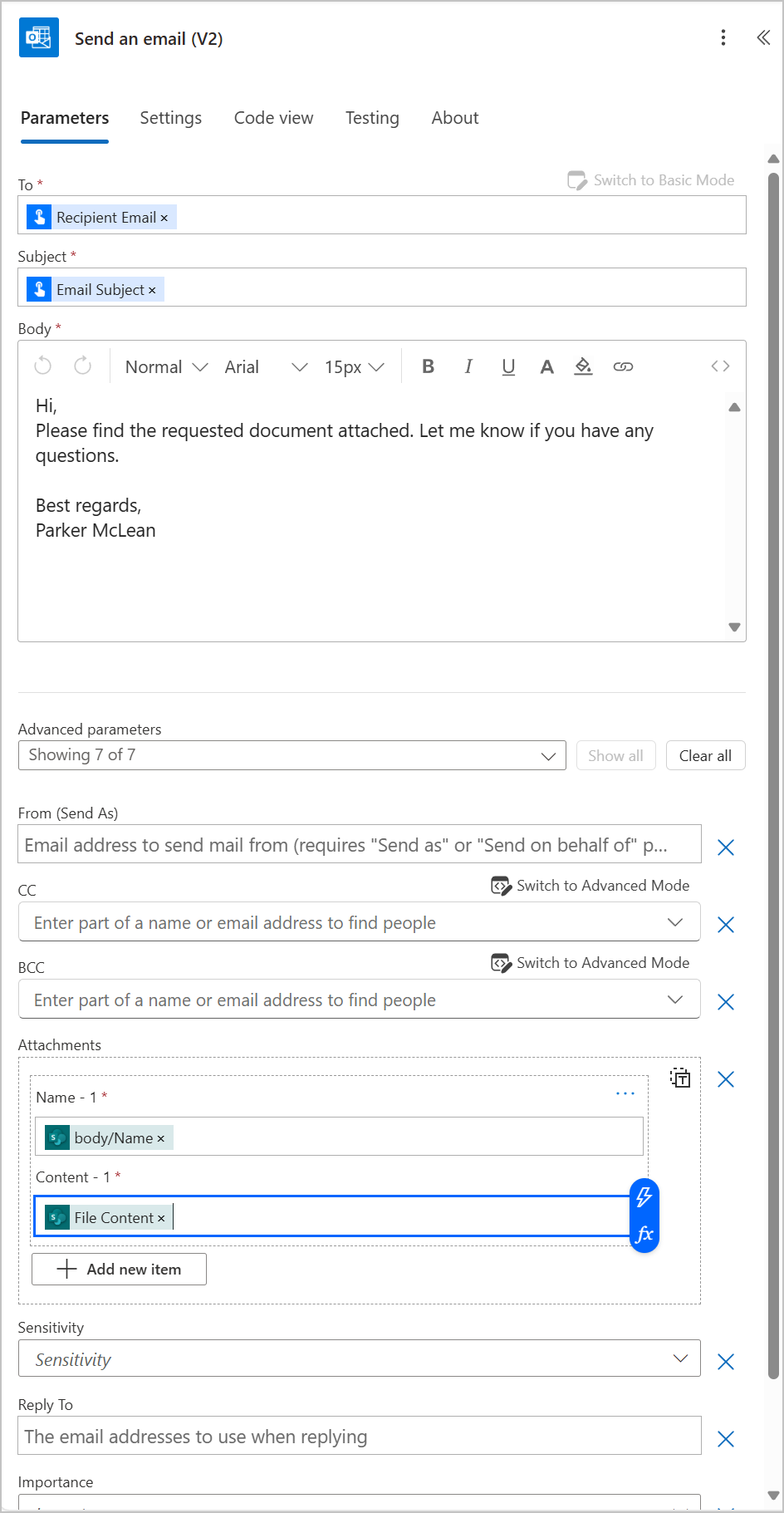 Screenshot of the Send an email V 2 action.