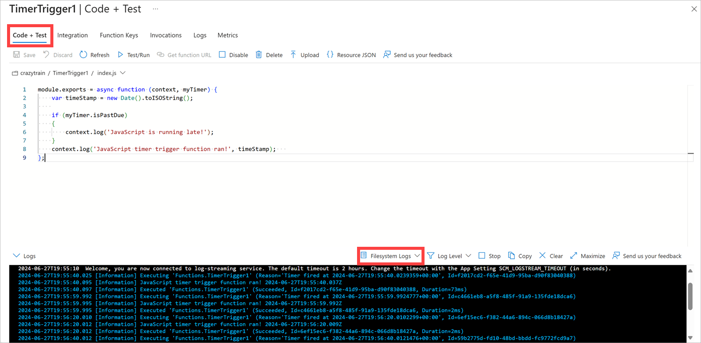 Screenshot che mostra il riquadro Codice e test della funzione con il log del file system visualizzato.