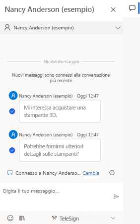 Screenshot del riquadro conversazione con i messaggi da spostare in un altro record selezionati.