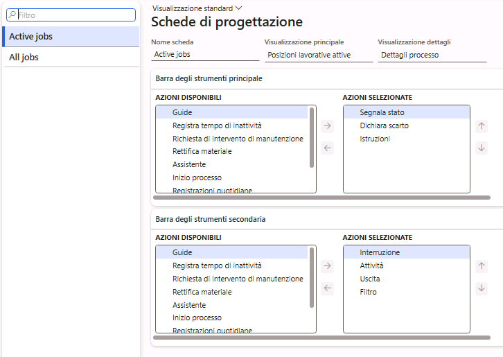 Lo screenshot mostra la pagina Configura esecuzione area di produzione in cui è possibile selezionare le schede da visualizzare nell'area di produzione.