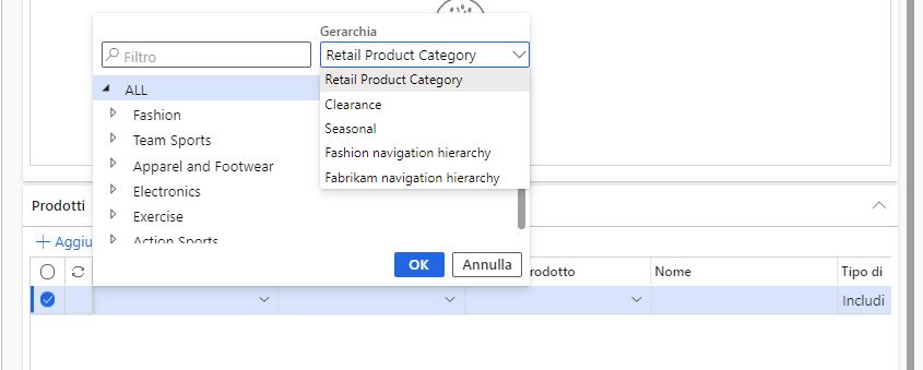 Lo screenshot mostra la selezione di una nuova categoria di prodotti al dettaglio