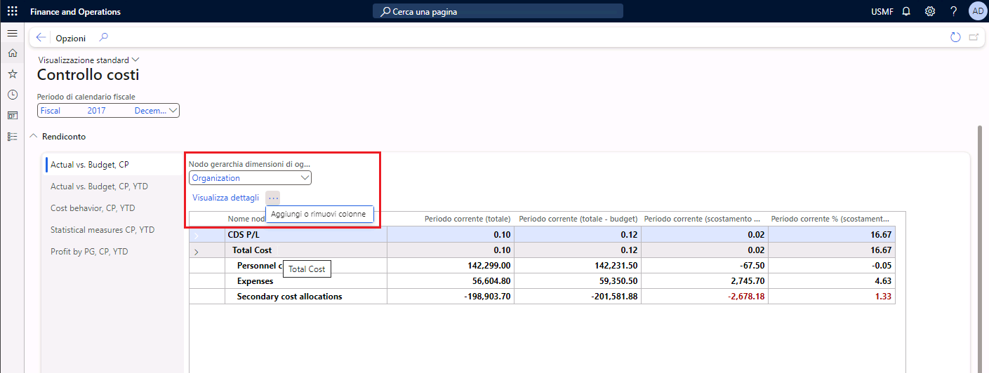 Screenshot che mostra la finestra Controllo costi. La funzione Visualizza dettagli è evidenziata.
