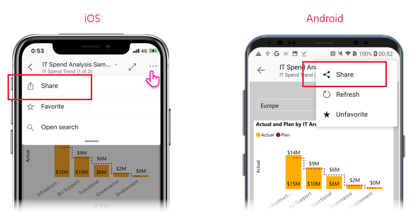 Screenshot dell'opzione Condividi in iOS e Android.