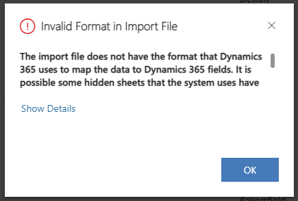 Screenshot del messaggio di errore Formato non valido nel file di importazione.