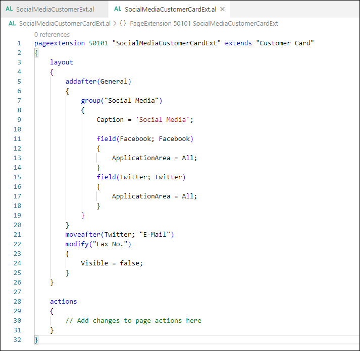 Esempio di un'estensione di pagina in AL per Business Central.