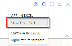 Screenshot della scheda Fattura fornitore da aprire in Excel.