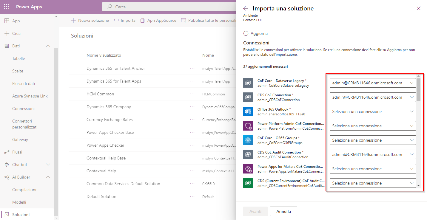 Screenshot delle connessioni per attivare la soluzione.