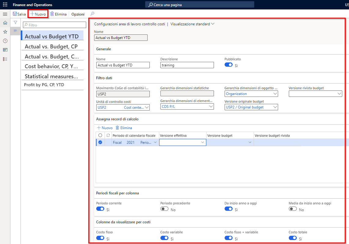Screenshot della pagina Configurazioni area di lavoro controllo costi.